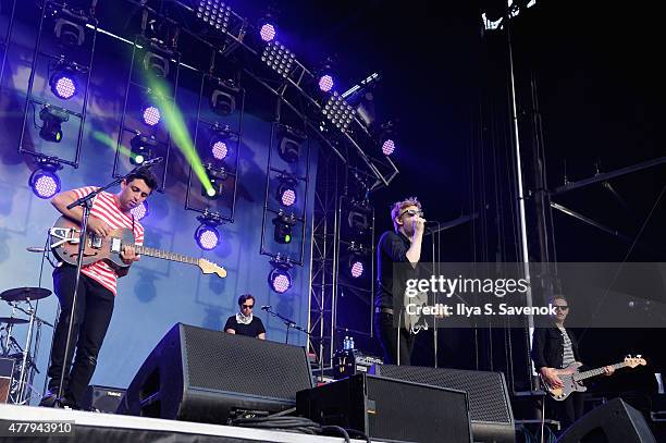 Musicians Eric Harvey, Ethan Miller, John Britt Daniel and Stephen J. Cohen of Spoon perform onstage during day 3 of the Firefly Music Festival on...