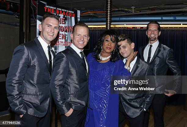 Broadway actors Daniel Reichard, Christian Hoff, Shirley Alston Reeves, Michael Longoria and J. Robert Spencer backstage during The Midtown Men...