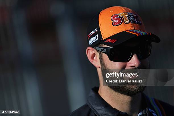 Shane Van Gisbergen driver of the Tekno Autosports Holden VF Commodore during practice and qualifying for race 15 for the V8 Supercars Triple Crown...