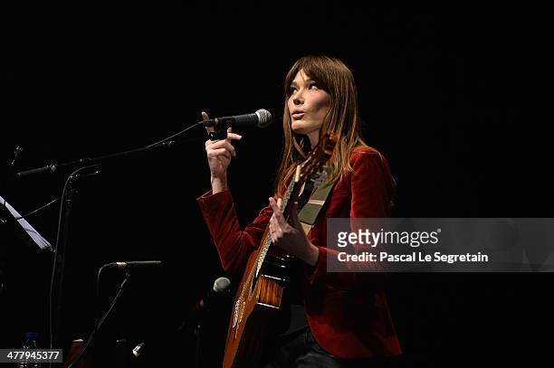 Carla Bruni performs at L'Olympia on March 11, 2014 in Paris, France.
