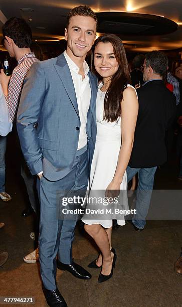 Richard Fleeshman and Samantha Barks attend the press night performance of "Urinetown" at the St James Theatre on March 11, 2014 in London, England.