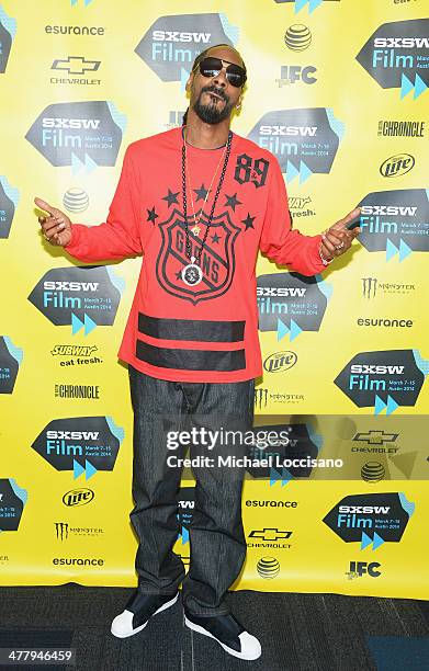 Rapper Snoop Dogg attends the "Take Me To The River" premiere at the 2014 SXSW Music, Film + Interactive Festival at the Topfer Theatre at ZACH on...