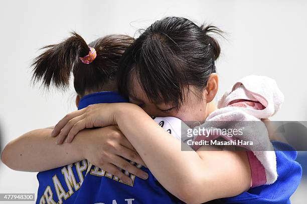 Chisato Doihata reacts on day two of the Trampoline Japan National Team Trial for The Trampoline World Championships 2015 at Yoyogi National...