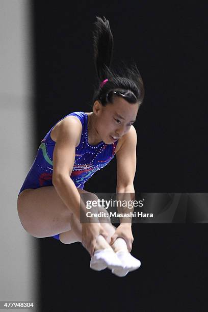 Saori Nakura in action on day two of the Trampoline Japan National Team Trial for The Trampoline World Championships 2015 at Yoyogi National...