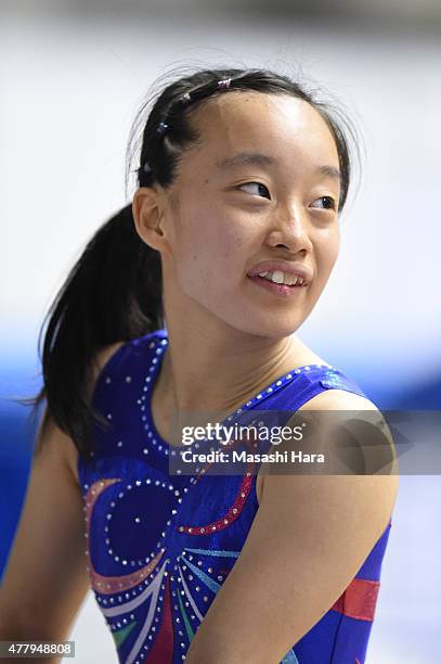 Saori Nakura looks on during day two of the Trampoline Japan National Team Trial for The Trampoline World Championships 2015 at Yoyogi National...