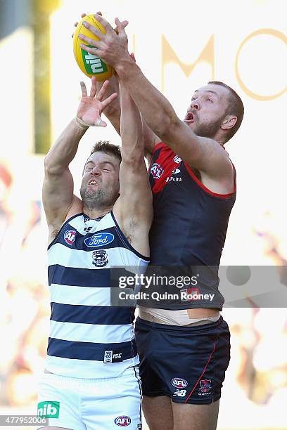 Max Gawn of the Demons marks over the top of Jared Rivers of the Cats during the round 12 AFL match between the Geelong Cats and the Melbourne Demons...