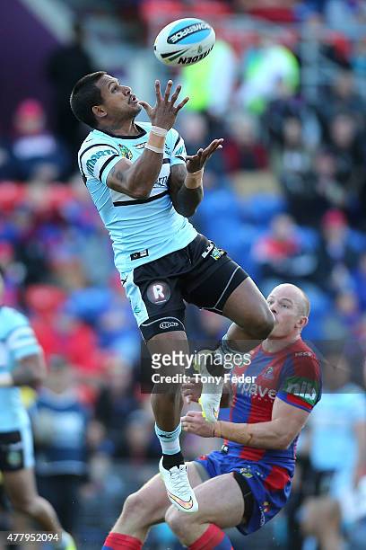 Ben Barba of the Sharks takes a high ball during the round 15 NRL match between the Newcastle Knights and the Cronulla Sharks at Hunter Stadium on...