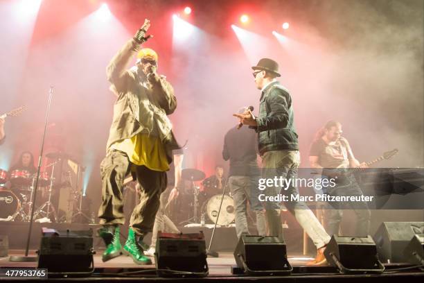 Marlon B. And Tino Oac of German pop and soul band Soehne Mannheims perform during their 'Wer fuehlen will, muss hoeren Tour', at the E-Werk on March...