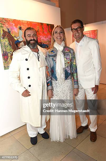 Artist Mauro Bergonzoli, Franziska Countess Fugger von Babenhausen and Willi Bonke attend the Jaguar White Night at Wandelhalle Bad Wiessee on June...