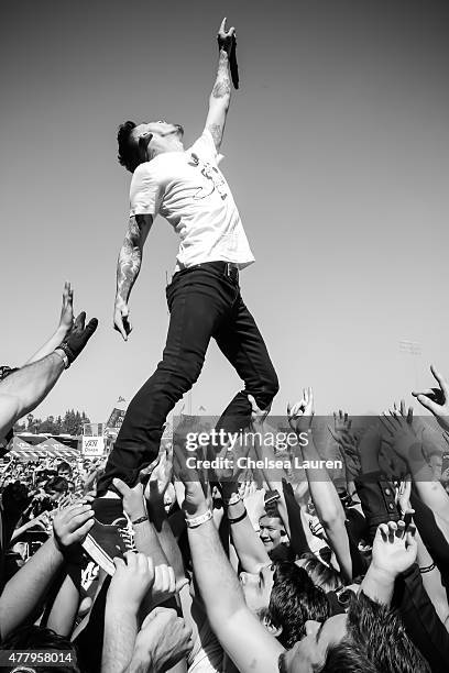 Vocalist Kyle Pavone of We Came as Romans performs during the Vans Warped Tour at Fairplex on June 19, 2015 in Pomona, California.