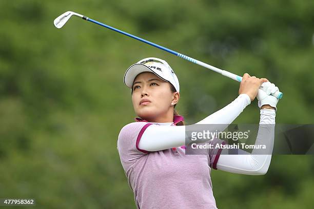 Eun-Bi Jang of South Korea hits her tee shot on the 6th hole during the third round of the Nichirei Ladies at the Sodegaura Country Club Shinsode...