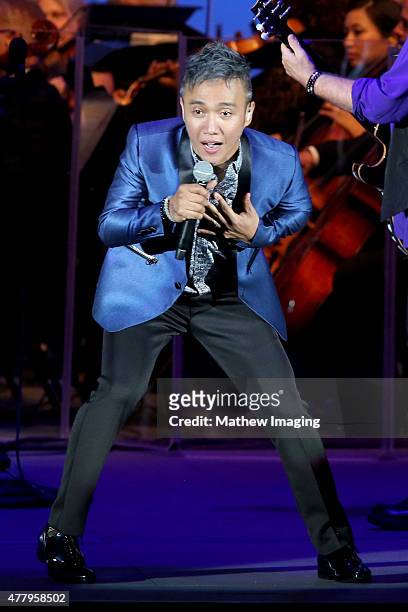 Singer Arnel Pineda of Journey performs onstage during Hollywood Bowl Opening Night 2015 at the Hollywood Bowl on June 20, 2015 in Hollywood,...