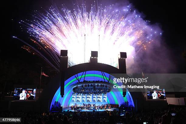 View of the fireworks display while Journey performs onstage at Hollywood Bowl Opening Night 2015 at the Hollywood Bowl on June 20, 2015 in...