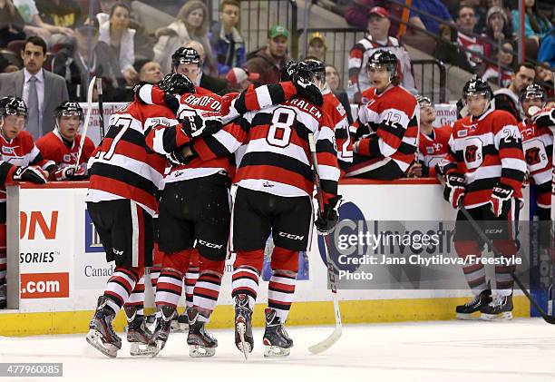 Erik Bradford of the Ottawa 67's is helped off the ice by teammates Ryan Van Stralen and Brendan Bell after a collision into the boards during an OHL...