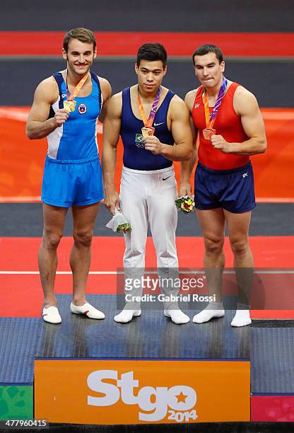 Gold medalist Tomas Gonzalez of Chile, gold medalist Sergio Sasaky of Brazil and Bronze medalist Juan Pablo Gonzalez of Chile in the podium of Men's...