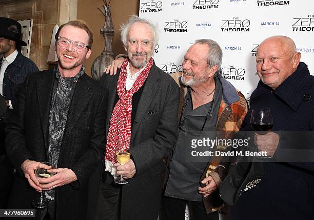 Simon Pegg, Jonathan Pryce, Terry Gilliam and Steven Berkoff attend a private screening of "The Zero Theorem" at the Charlotte Street Hotel on March...