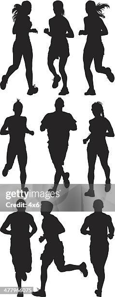 verschiedene silhouetten von menschen laufen - sprint-sport-wettbewerbsform stock-grafiken, -clipart, -cartoons und -symbole
