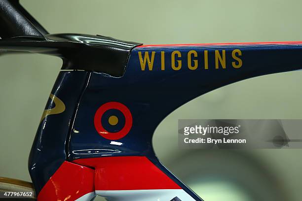 Detail image of the bike Bradley Wiggins will ride for the UCI Hour Record attempt at the London Velodrome, on June 3rd, 2015 in London, England.