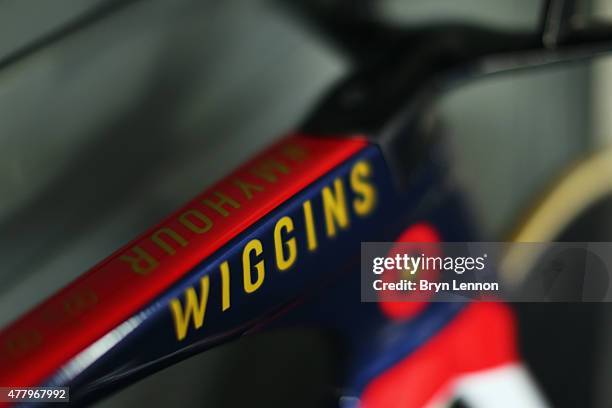 Detail image of the bike Bradley Wiggins will ride for the UCI Hour Record attempt at the London Velodrome, on June 3rd, 2015 in London, England.