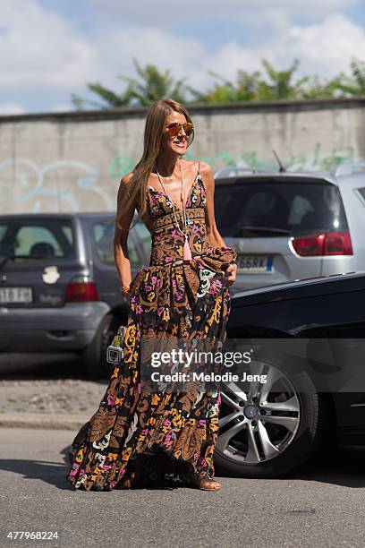 Anna Dello Russo exits the Salvatore Ferragamo show in Dolce & Gabbana on June 21, 2015 in Milan, Italy.