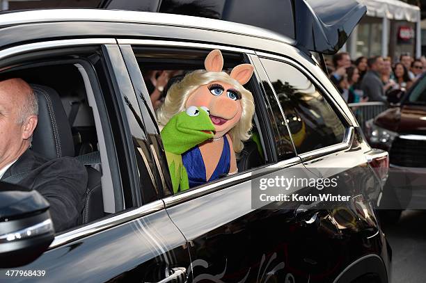 Muppets Kermit the Frog and Miss Piggy arrive for the premiere of Disney's "Muppets Most Wanted" at the El Capitan Theatre on March 11, 2014 in...