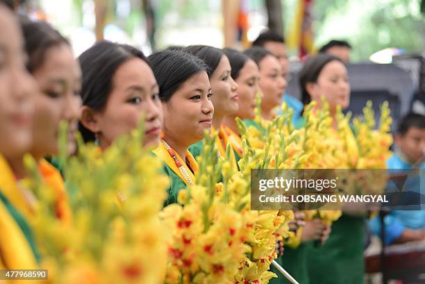 Exile Tibetan artistes prepare to present a song to the Dalai Lama at his 80th birthday celebrations at Tsuglakhang temple in McLeod Ganj on 21 June...