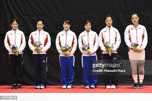 Rana Nakano,Ayano Kishi,Chisato Doihata,Reina Satake,Megu Uyama and Ayana Yamada of the Japan national team pose for a photograph after the day two...