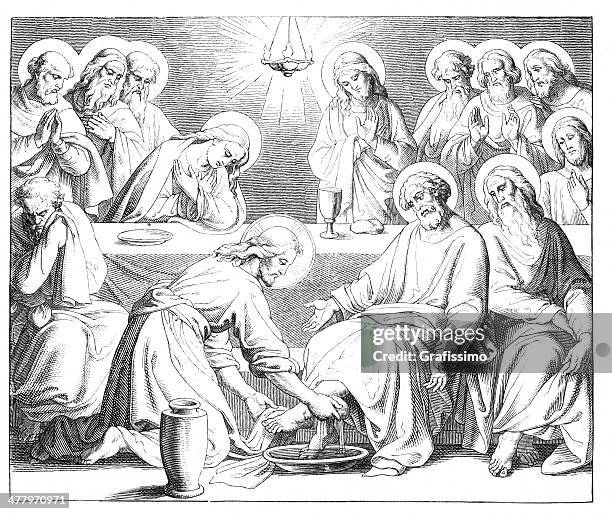 jesus washes the disciples feet - jesus christ washing the disciples feet stock illustrations