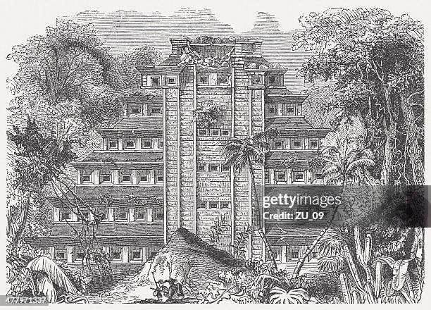 palace of sayil, yucatán, mexico, wood engraving, published in 1876 - mayan stock illustrations