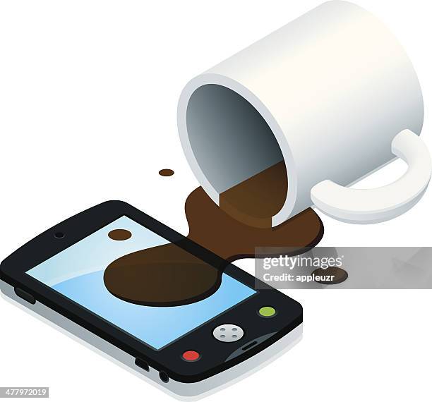 kaffee und spritzer auf dem smartphone - kleckern stock-grafiken, -clipart, -cartoons und -symbole