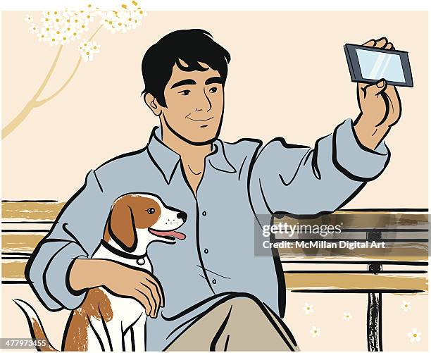 man taking selfie with dog on bench - three quarter length stock illustrations