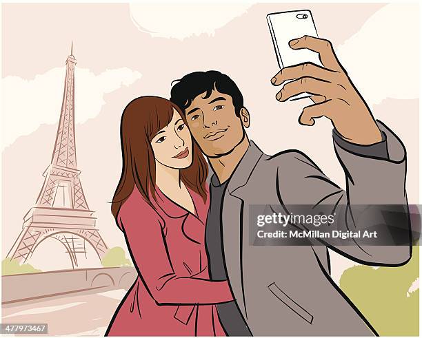couple selfie in paris - photocall paris fashion week womenswear spring summer 2018 stock illustrations