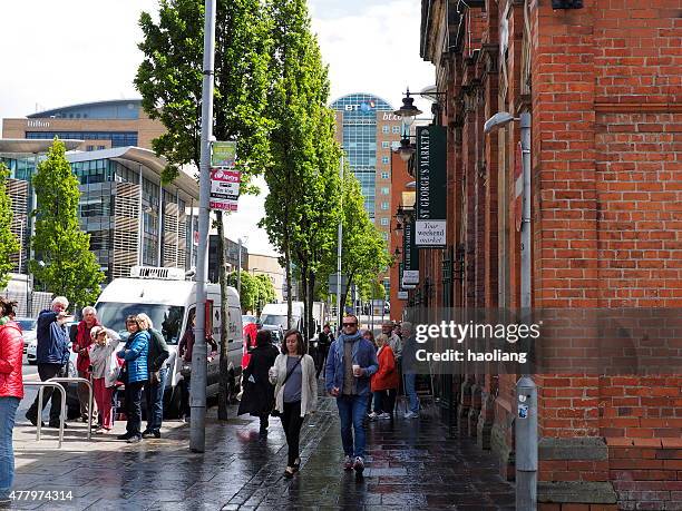 bus stop of st george's market,belfast,northern ireland - belfast market stock pictures, royalty-free photos & images