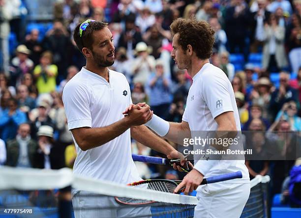 Andy Murray of Great Britain celebrates victory in his men's singles semi-final match against Viktor Troicki of Serbia during day seven of the Aegon...