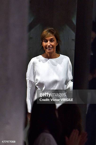 Designer Consuelo Castiglioni walks the runway during the Marni Ready to Wear fashion show as part of Milan Men's Fashion Week Spring/Summer 2016 on...