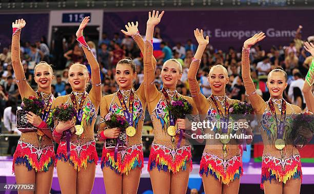 Gold medalists Russia stand on the podium during the medal ceremony for the Rhythmic Gymnastics Group Ribbon final on day nine of the Baku 2015...