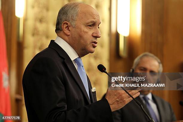 French Foreign Affairs minister Laurent Fabius speaks during a joint press conference with his Jordanian counterpart Nasser Judeh in the Jordanian...