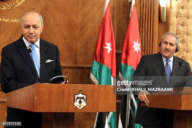 French Foreign Affairs minister Laurent Fabius speaks during a joint press conference with his Jordanian counterpart Nasser Judeh in the Jordanian...