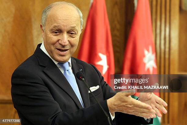 French Foreign Affairs minister Laurent Fabius speaks during a joint press conference with his Jordanian counterpart Nasser Judeh in the Jordanian...