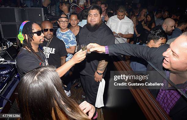 Lil' Jon, Jermaine Dupri and Gino Lopinto attends Irie Weekend Closing Party With Timbaland & Lil' Jon at E11EVEN on June 20, 2015 in Miami, Florida.