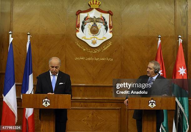 French Foreign Minister Laurent Fabius holds a press conference with his Jordanian counterpart Nasser Judeh at Foreign Ministry in Amman, Jordan on...