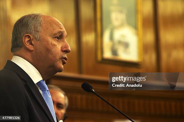 French Foreign Minister Laurent Fabius holds a press conference with his Jordanian counterpart Nasser Judeh at Foreign Ministry in Amman, Jordan on...