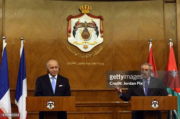 French minister of foreign affairs Laurent Fabius holds a press conference with his Jordanian counterpart miniser Nasser Judeh on June 21, 2015 in...