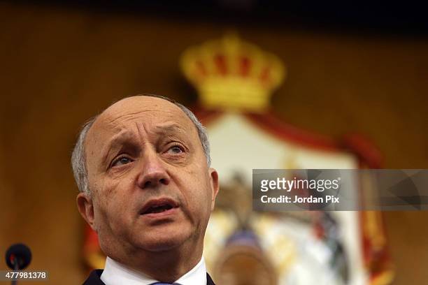 French minister of foreign affairs Laurent Fabius speaks during a press conference with his Jordanian counterpart miniser Nasser Judeh on June 21,...