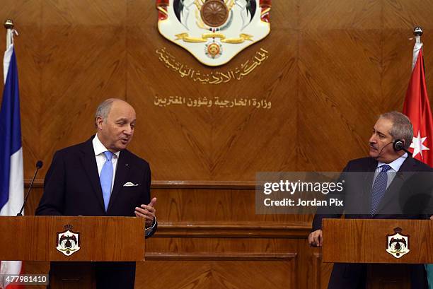 French minister of foreign affairs Laurent Fabius holds a press conference with his Jordanian counterpart miniser Nasser Judeh on June 21, 2015 in...