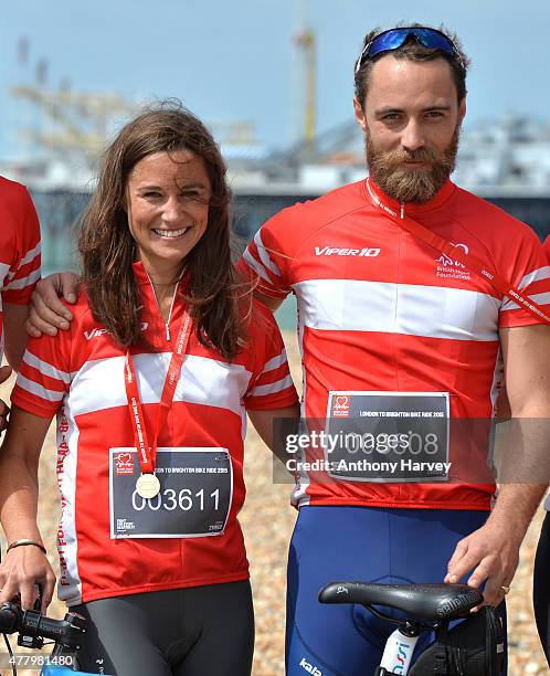 Pippa Middleton and James Middleton Finish the London To Brighton Bike Ride For British Heart Foundation on June 21, 2015 in Brighton, England.