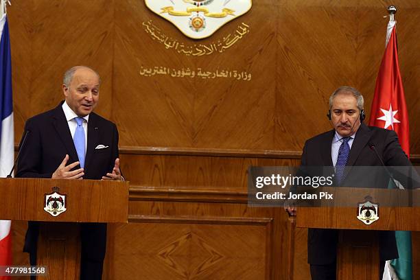 French minister of foreign affairs Laurent Fabius holds a press conference with his Jordanian counterpart miniser Nasser Judeh on June 21, 2015 in...