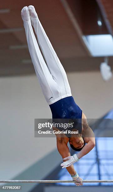 Francisco Barreto of Brazil competes in the Men's High Bar during day five of the X South American Games Santiago 2014 at Gimnasio Polideportivo...