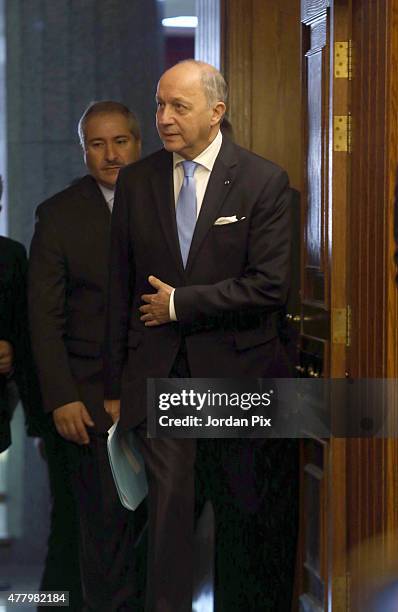 French minister of foreign affairs Laurent Fabius holds a press conference with his Jordanian counterpart miniser Nasser Judeh on June 21, 2015 in...