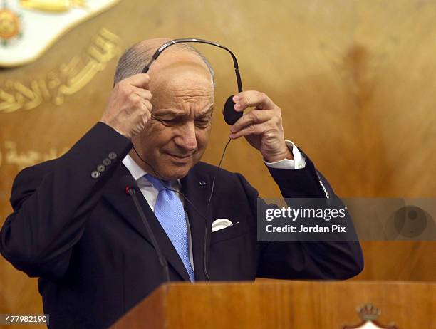 French minister of foreign affairs Laurent Fabius holds a press conference with his Jordanian counterpart miniser Nasser Judeh on June 21, 2015 in...